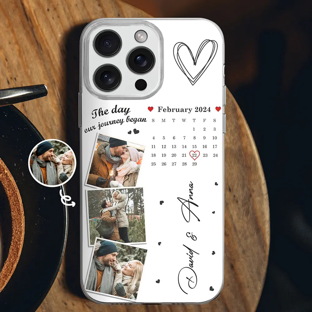 Calendrier photo personnalisé « Le jour où notre voyage a commencé » – Cadeau pour couples – Coque de téléphone transparente personnalisée