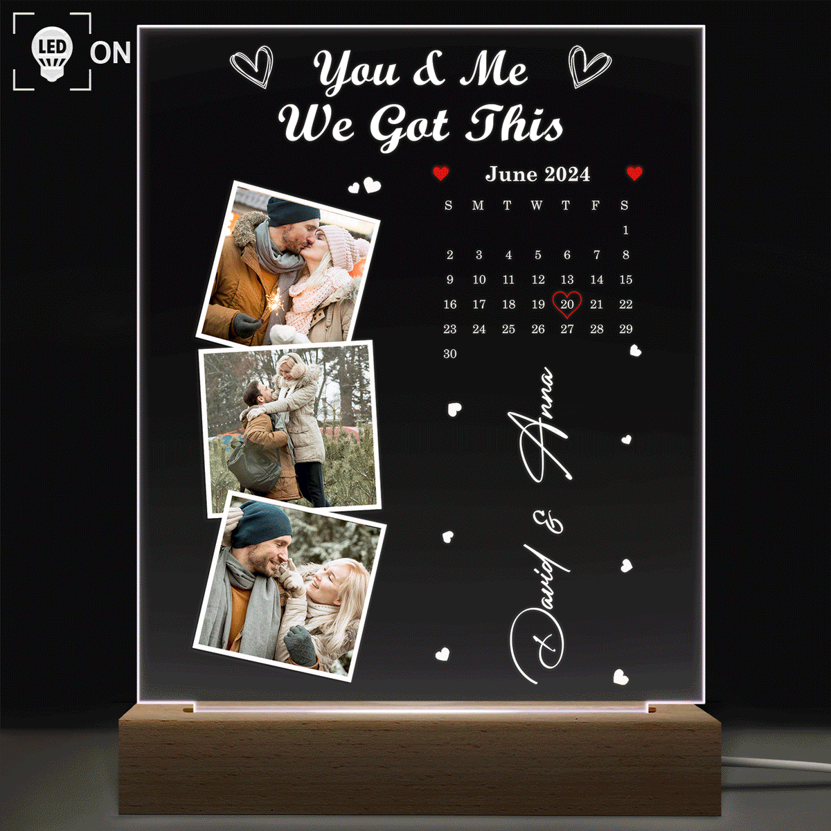 Calendrier photo personnalisé « Le jour où notre voyage a commencé » - Cadeau pour couples - Base en bois avec éclairage LED 3D personnalisé