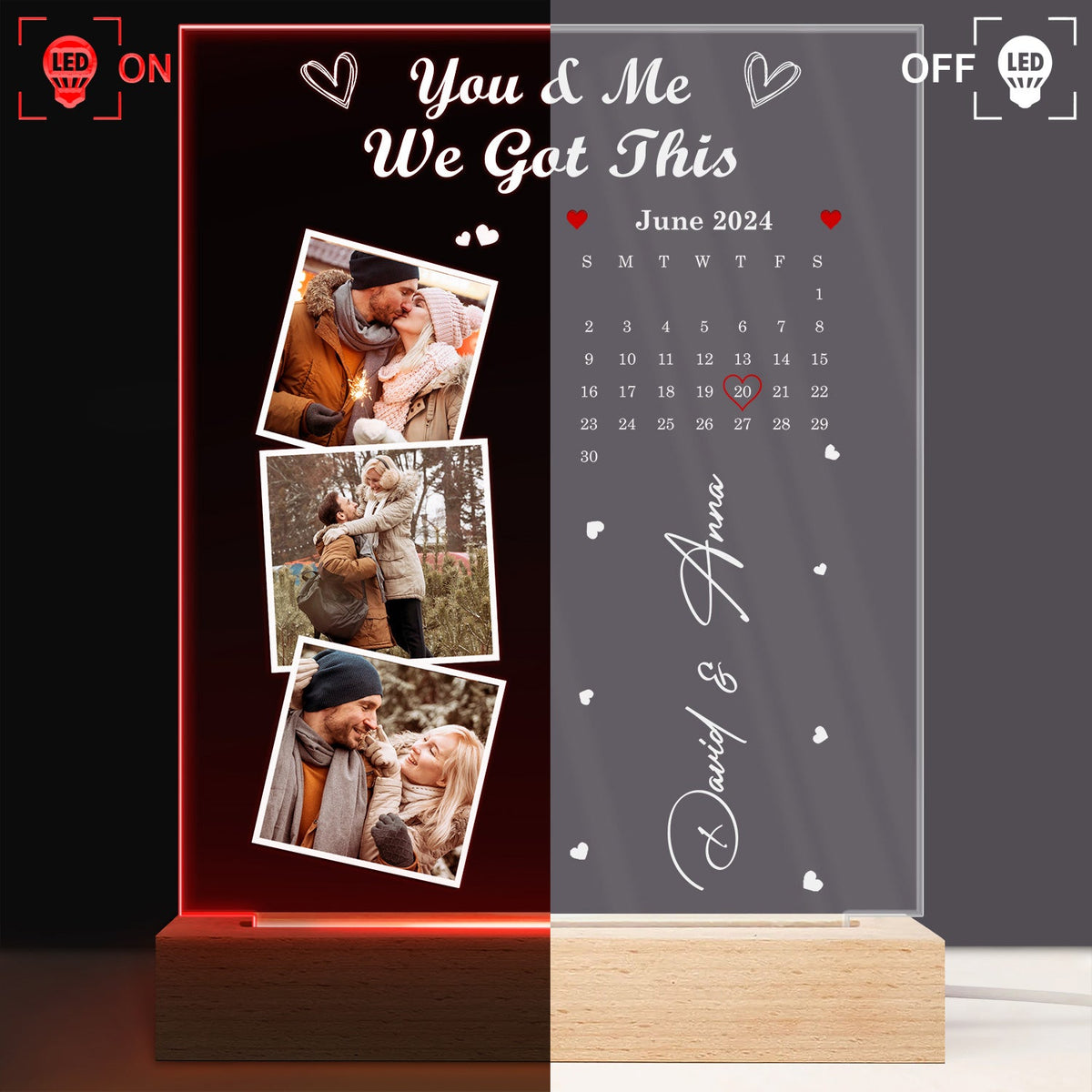 Calendrier photo personnalisé « Le jour où notre voyage a commencé » - Cadeau pour couples - Base en bois avec éclairage LED 3D personnalisé