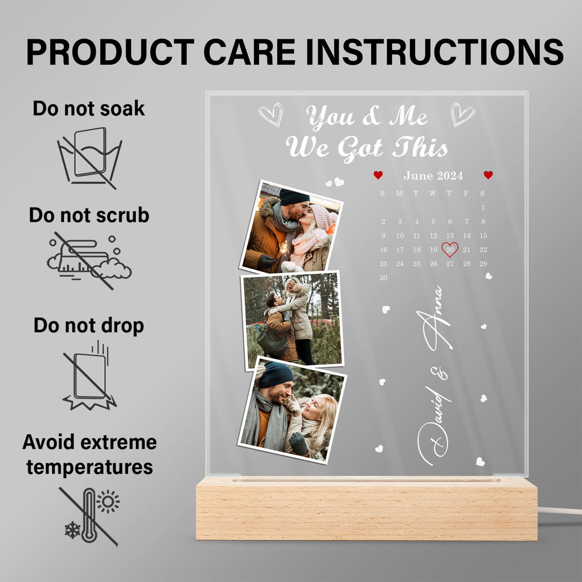 Calendrier photo personnalisé « Le jour où notre voyage a commencé » - Cadeau pour couples - Base en bois avec éclairage LED 3D personnalisé