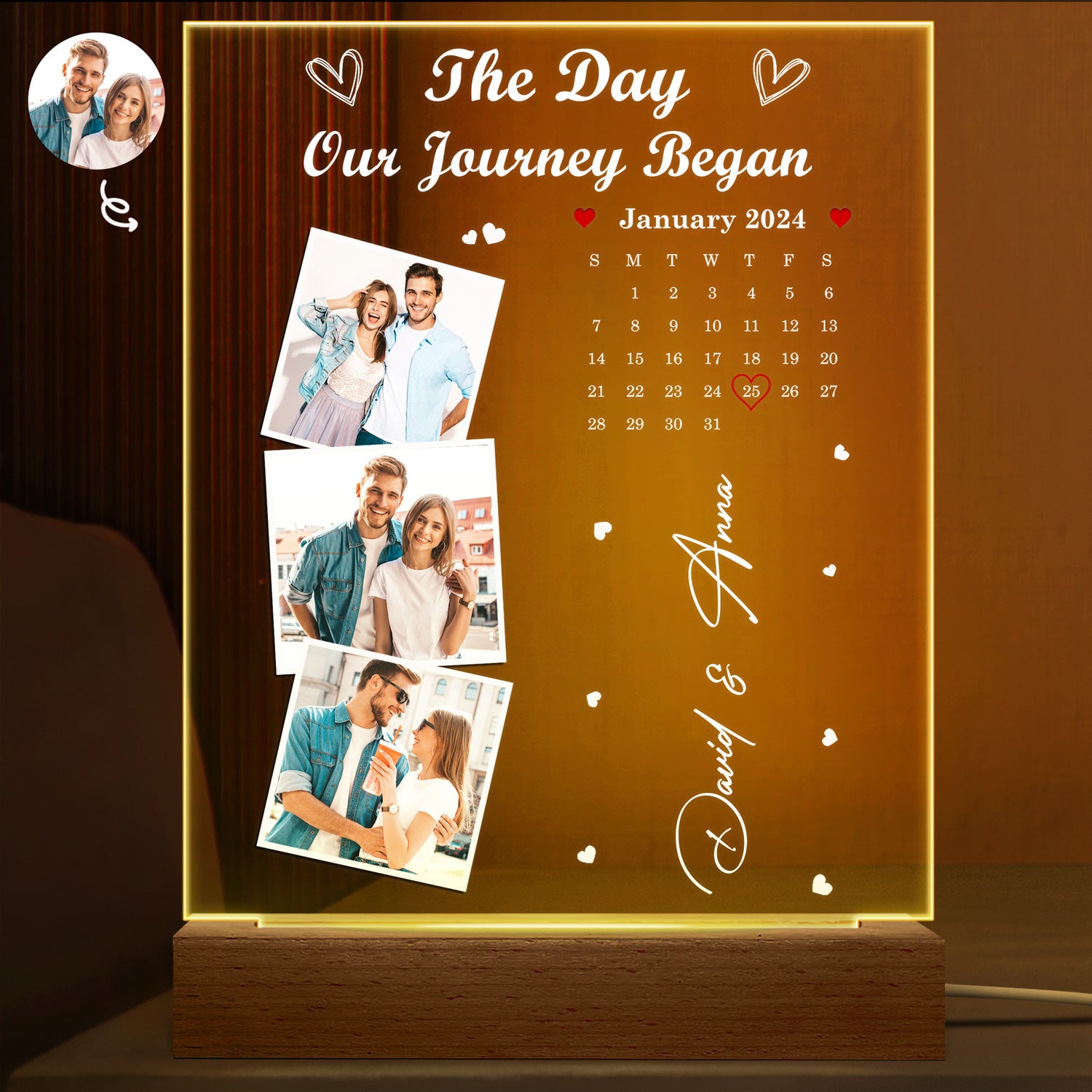 Custom Photo Calendar The Day Our Journey Began - Gift For Couples - Personalized 3D Led Light Wooden Base