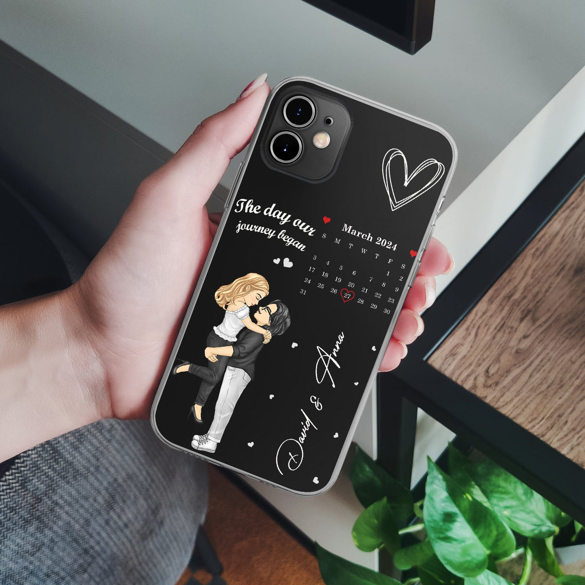Calendrier de couple de dessins animés : le jour où notre voyage a commencé - Cadeau pour couples - Coque de téléphone transparente personnalisée