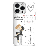 Calendrier de couple de dessins animés : le jour où notre voyage a commencé - Cadeau pour couples - Coque de téléphone transparente personnalisée