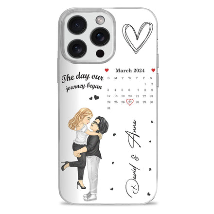 Calendrier de couple de dessins animés : le jour où notre voyage a commencé - Cadeau pour couples - Coque de téléphone transparente personnalisée
