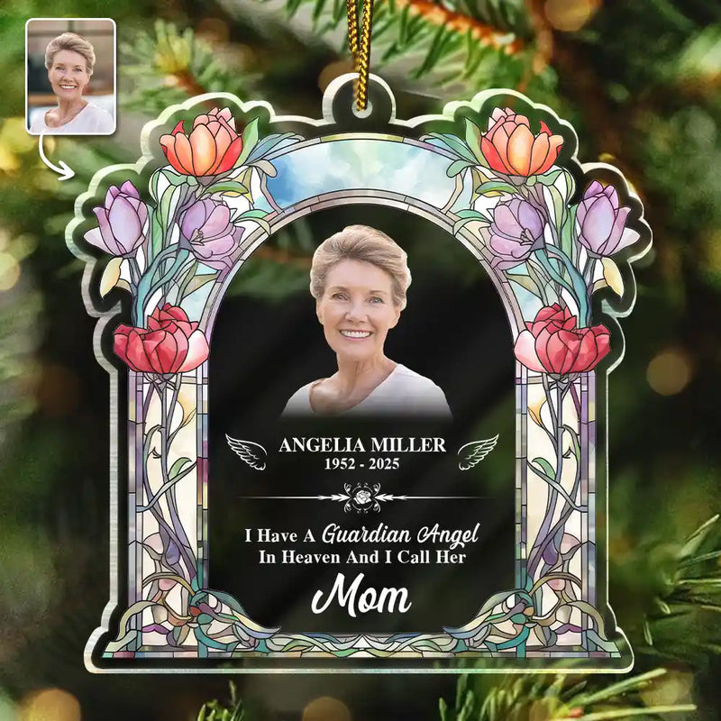 Gift For Women,Gift For Men,Memorial,Family,Sad - Custom Photo Memorial I Have A Guardian Angel In Heaven Mom Dad - Personalized Custom Shaped Acrylic Ornament