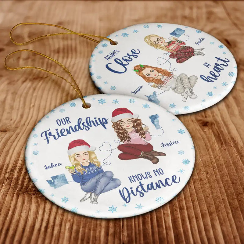 Gift For Bestie,Gift For Women,Long Distance,Christmas,Happy - Miles Apart But Besties At Heart Long Distance - Personalized Circle Ceramic Ornament