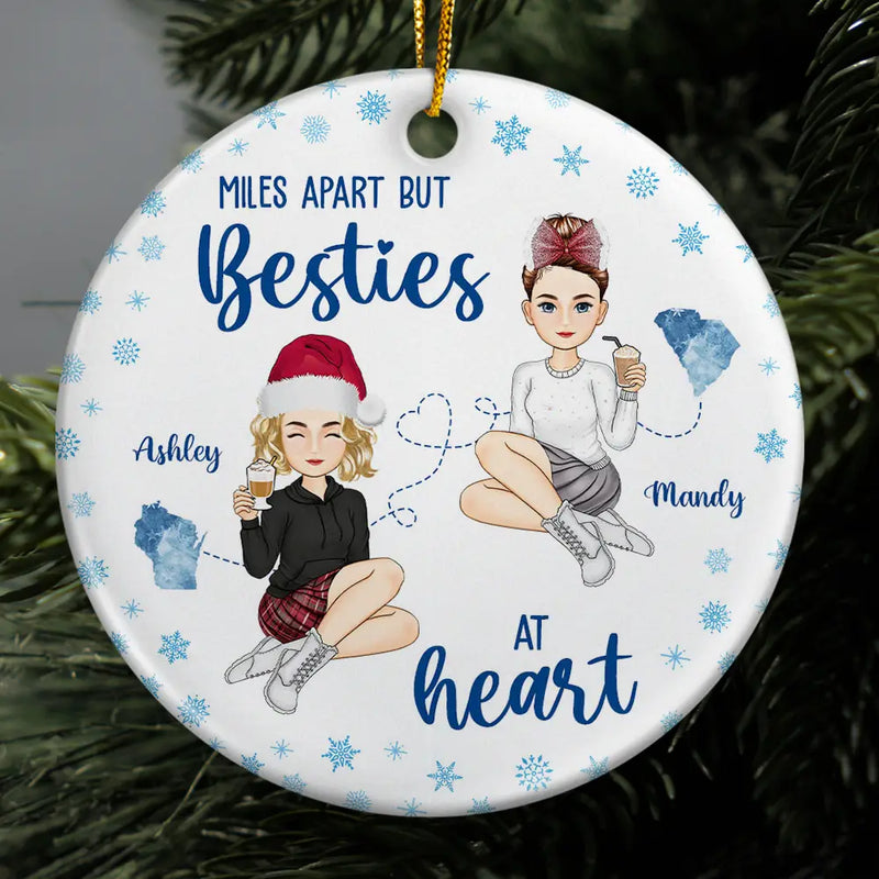 Gift For Bestie,Gift For Women,Long Distance,Christmas,Happy - Miles Apart But Besties At Heart Long Distance - Personalized Circle Ceramic Ornament