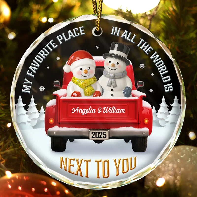 Gift For Couples,Old Couples,Gift For Women,Gift For Men,Gift For Husband,Gift For Wife,Love,Christmas,Gift For Boyfriend,Gift For Girlfriend - My Favorite Place In All The World Snowman Ceramic Effect - Personalized Circle Glass Ornament