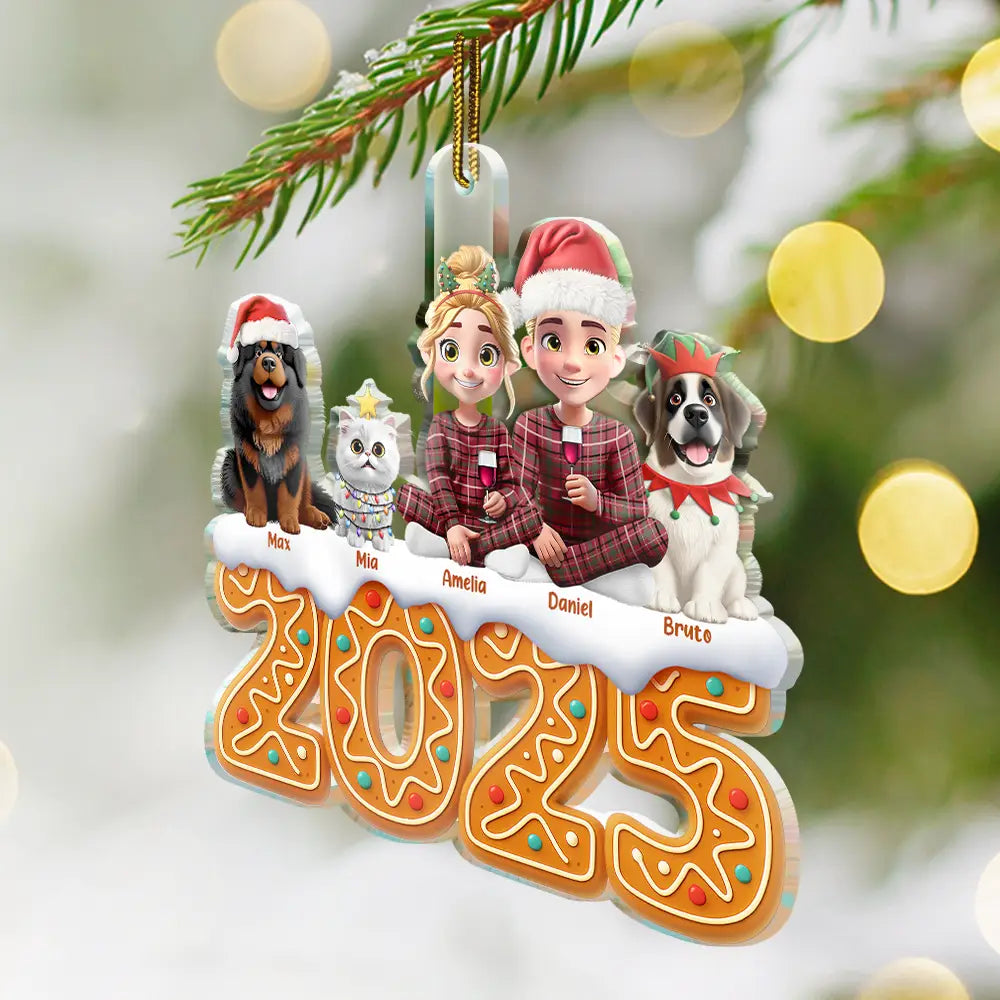 Family,Pet Lovers,Pet Mom,Pet Dad,Pet Couple,Dog Lovers,Dog Couple,Dog Mom,Dog Dad,Cat Lovers,Cat Mom,Cat Dad,Cat Couple,Happy,Christmas,Top Market - Christmas Gingerbread Family 3D Effect - Personalized Custom Shaped Acrylic Ornament