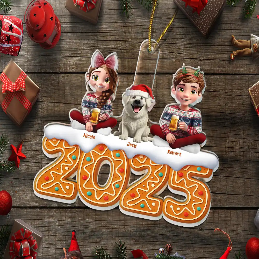 Family,Pet Lovers,Pet Mom,Pet Dad,Pet Couple,Dog Lovers,Dog Couple,Dog Mom,Dog Dad,Cat Lovers,Cat Mom,Cat Dad,Cat Couple,Happy,Christmas,Top Market - Christmas Gingerbread Family 3D Effect - Personalized Custom Shaped Acrylic Ornament