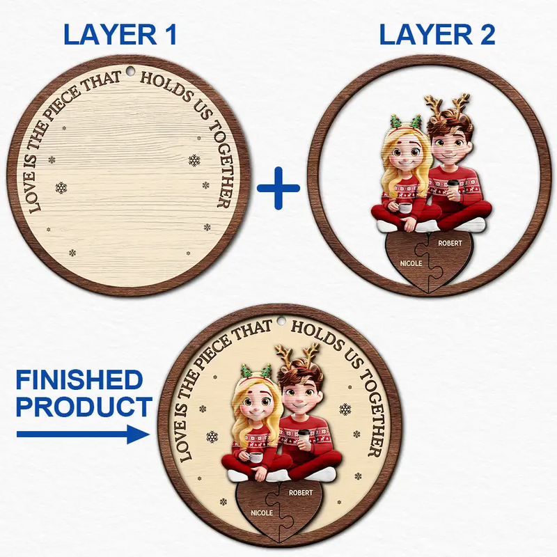 Gift For Couples,Gift For Women,Gift For Men,Gift For Husband,Gift For Wife,Love,Christmas,Gift For Boyfriend,Gift For Girlfriend - Love Is The Piece That Holds Us Together Couple - Personalized 2-Layered Wooden Ornament