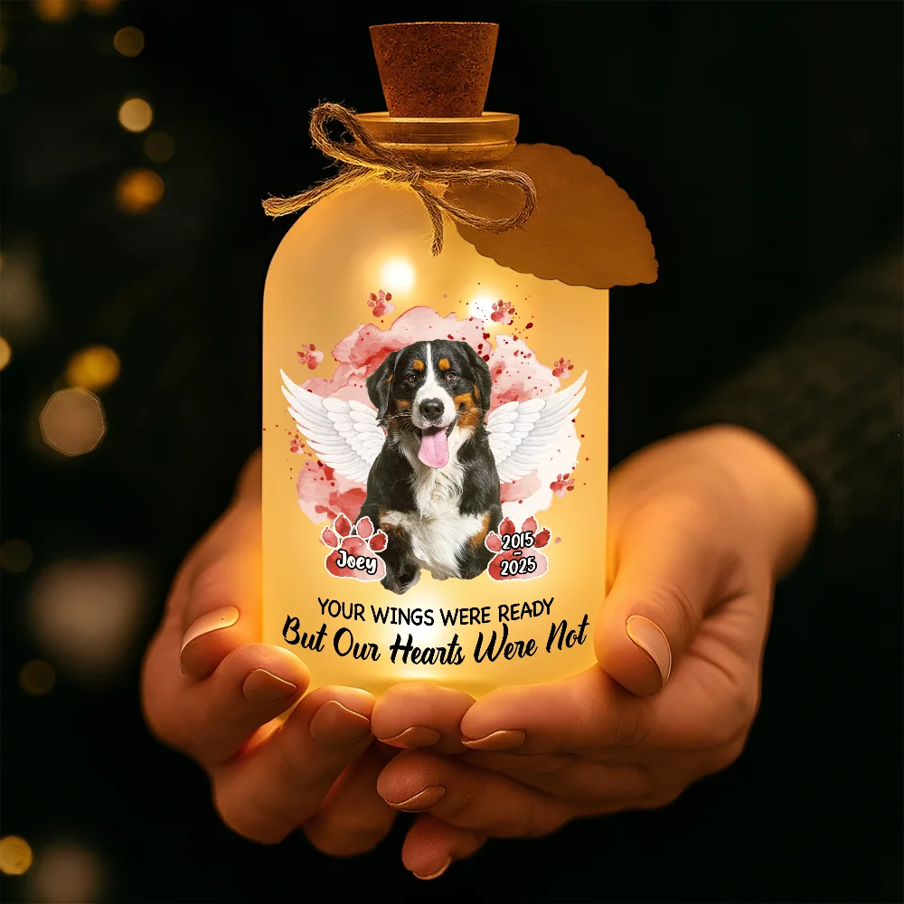Pet Lovers,Pet Mom,Pet Dad,Pet Couple,Cat Lovers,Cat Mom,Cat Couple,Cat Dad,Dog Lovers,Dog Mom,Dog Dad,Dog Couple,Memorial,Custom Photo,Sad - Custom Photo Memorial Dog Cat Your Wings Were Ready - Personalized Short Bottle Light