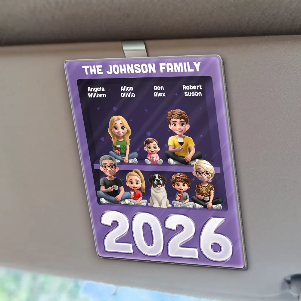 Family,Pet Lovers,Pet Mom,Pet Dad,Pet Couple,Dog Lovers,Dog Couple,Dog Mom,Dog Dad,Cat Lovers,Cat Mom,Cat Dad,Cat Couple,Happy,Single Mom,Single Dad,LGBT,Gift For Grandpa,Gift For Grandma,Gift For Grandkids - 3D Effect Cookies Family Sitting Together - Personalized Custom Shaped Acrylic Car Visor Clip