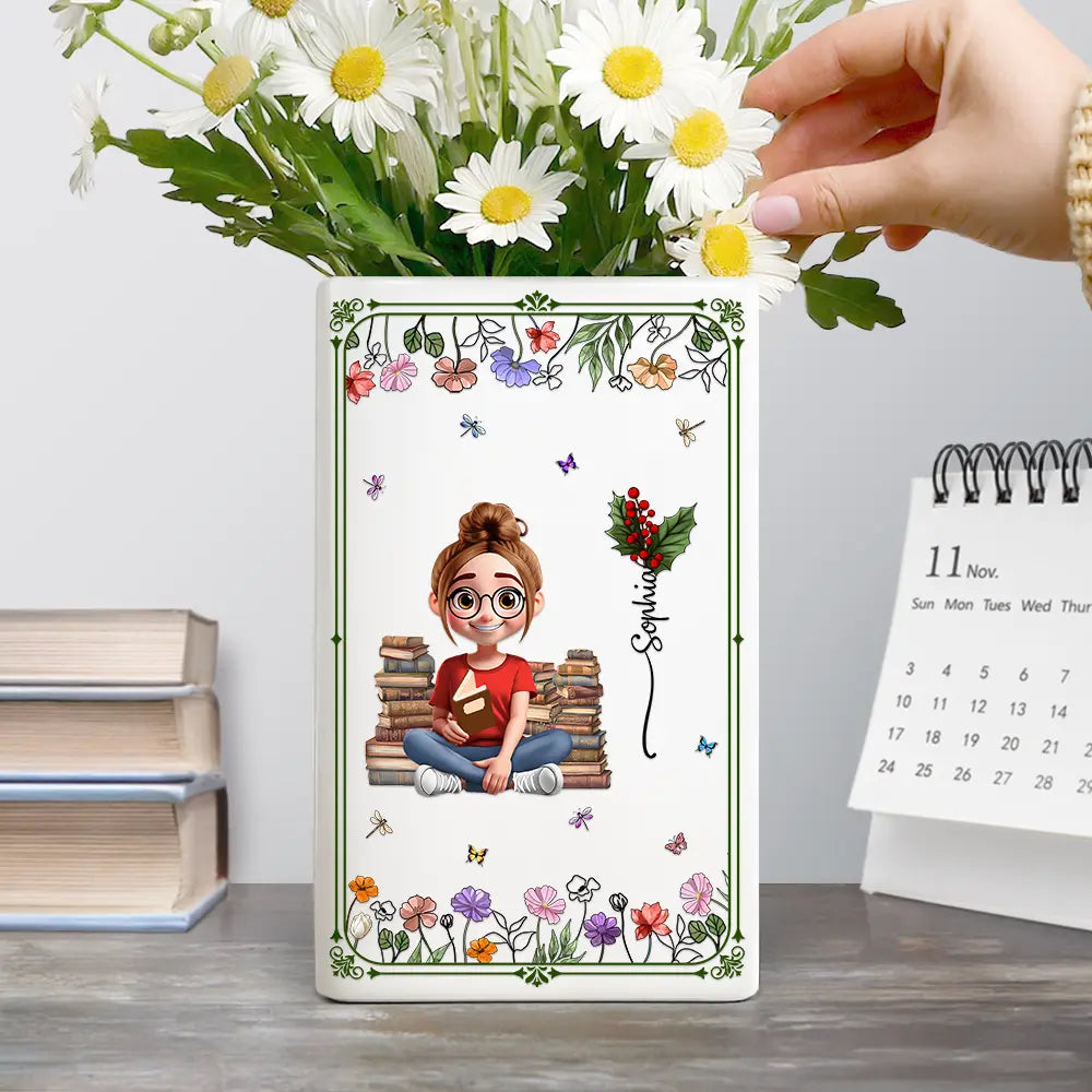 Gift For Yourself,Gift For Women,Reading,Happy,Gift For Men - 3D Effect Book Lovers Sitting With Birth Flowers - Personalized Ceramic Book Vase