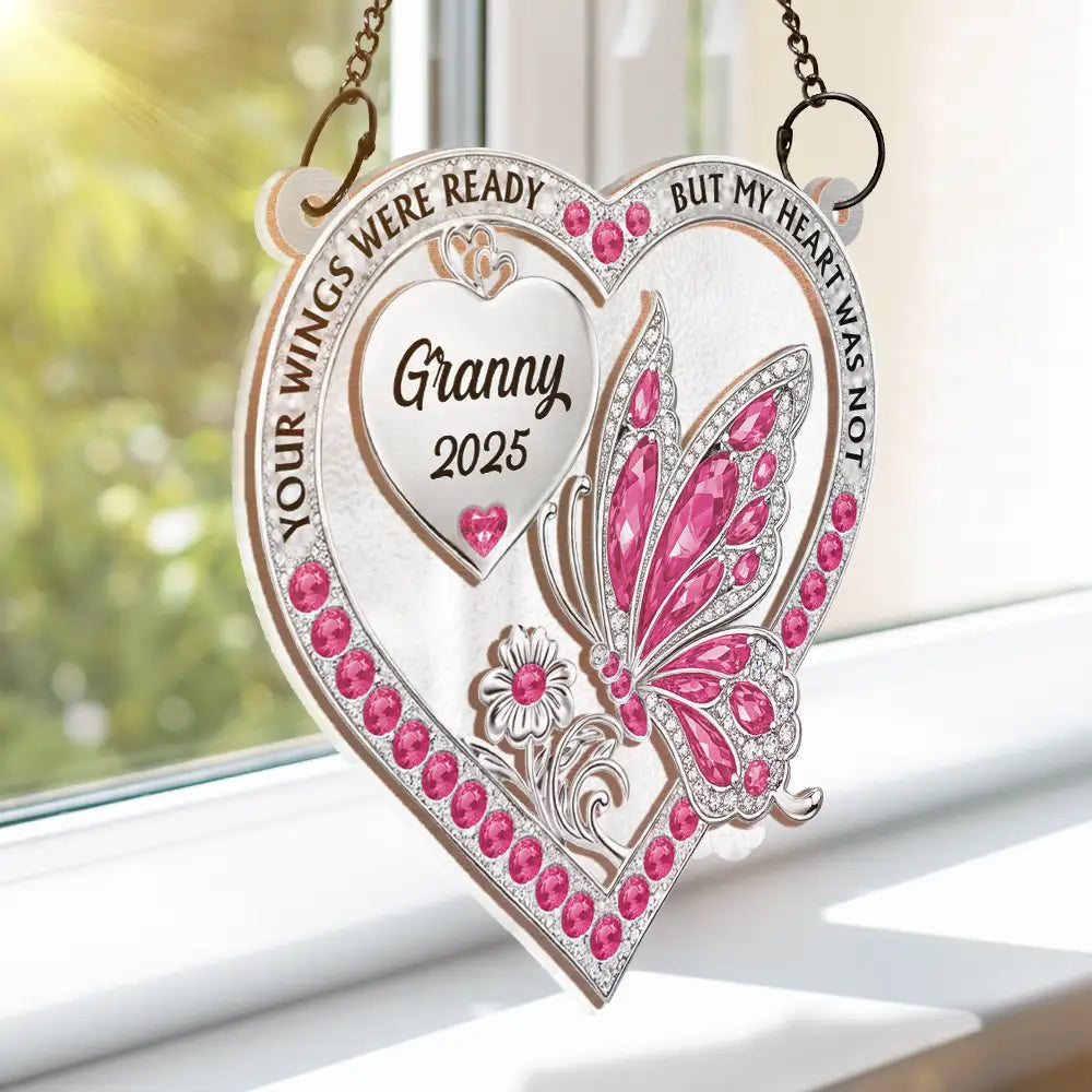 Memorial,Family,Gift For Men,Gift For Women,Sad - Memorial Your Wings Were Ready 3D Effect - Personalized Window Hanging Suncatcher Ornament