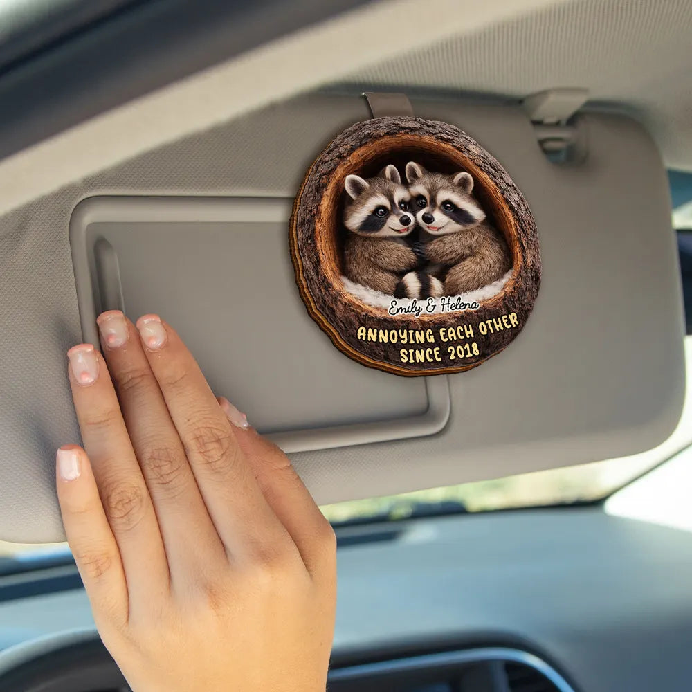 Gift For Couples,Gift For Women,Gift For Men,Gift For Boyfriend,Gift For Girlfriend,Gift For Wife,Gift For Husband,Funny,Love - 3D Effect Couple Raccoon Annoying Each Other - Personalized Custom Shaped Car Visor Clip