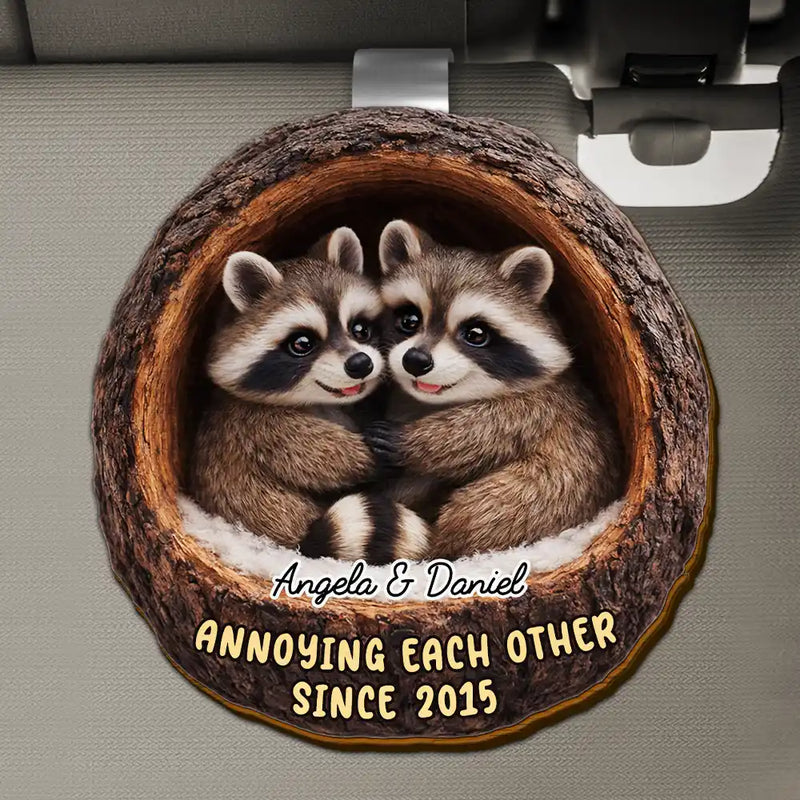 Gift For Couples,Gift For Women,Gift For Men,Gift For Boyfriend,Gift For Girlfriend,Gift For Wife,Gift For Husband,Funny,Love - 3D Effect Couple Raccoon Annoying Each Other - Personalized Custom Shaped Car Visor Clip
