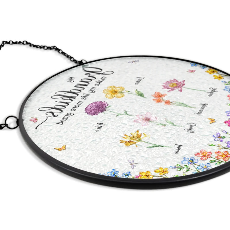Gift For Grandma,Gift For Women,Happy,Top Market - Crystal Effect Birth Flower Grandkids Make Life More Grand - Personalized Stained Glass Window Hanging Suncatcher