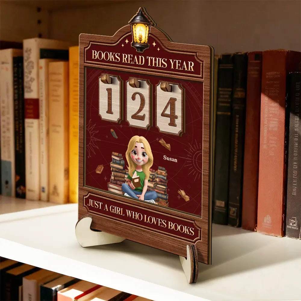 Gift For Women,Happy,Reading,Gift For Men,Gift For Yourself - 3D Effect Reading Girl Boy Books Read This Year - Personalized 2-Layered Wooden Tracker Sign