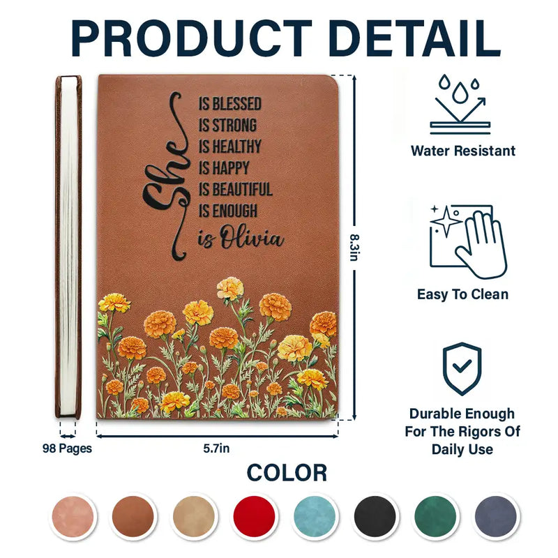 Gift For Women,Gift For Bestie,Gift For Yourself,Gift For Daughter,Happy - Birth Month Flower Watercolor She Is Blessed She Is Strong - Personalized Leather Journal