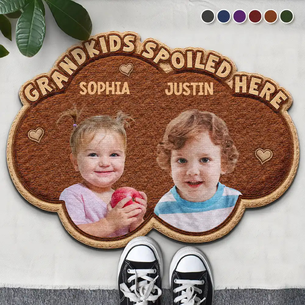 Gift For Grandma,Gift For Grandpa,Grandpa - Grandkids,Grandma - Grandkids,Gift For Women,Gift For Men,Happy,Custom Photo - Custom Photo Faux Embroidery Effect Grandkids Spoiled Here - Personalized Custom Shaped Doormat