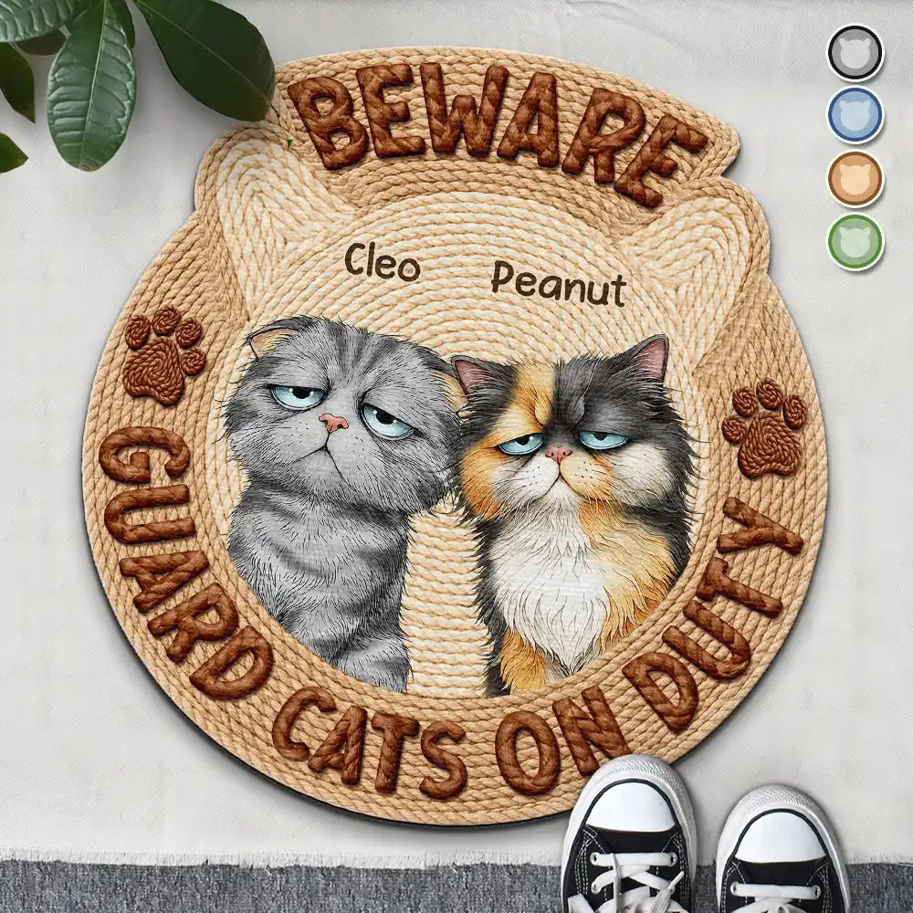 Faux Embroidery Effect Beware Guard Dogs Cats On Duty - Personalized Custom Shaped Doormat