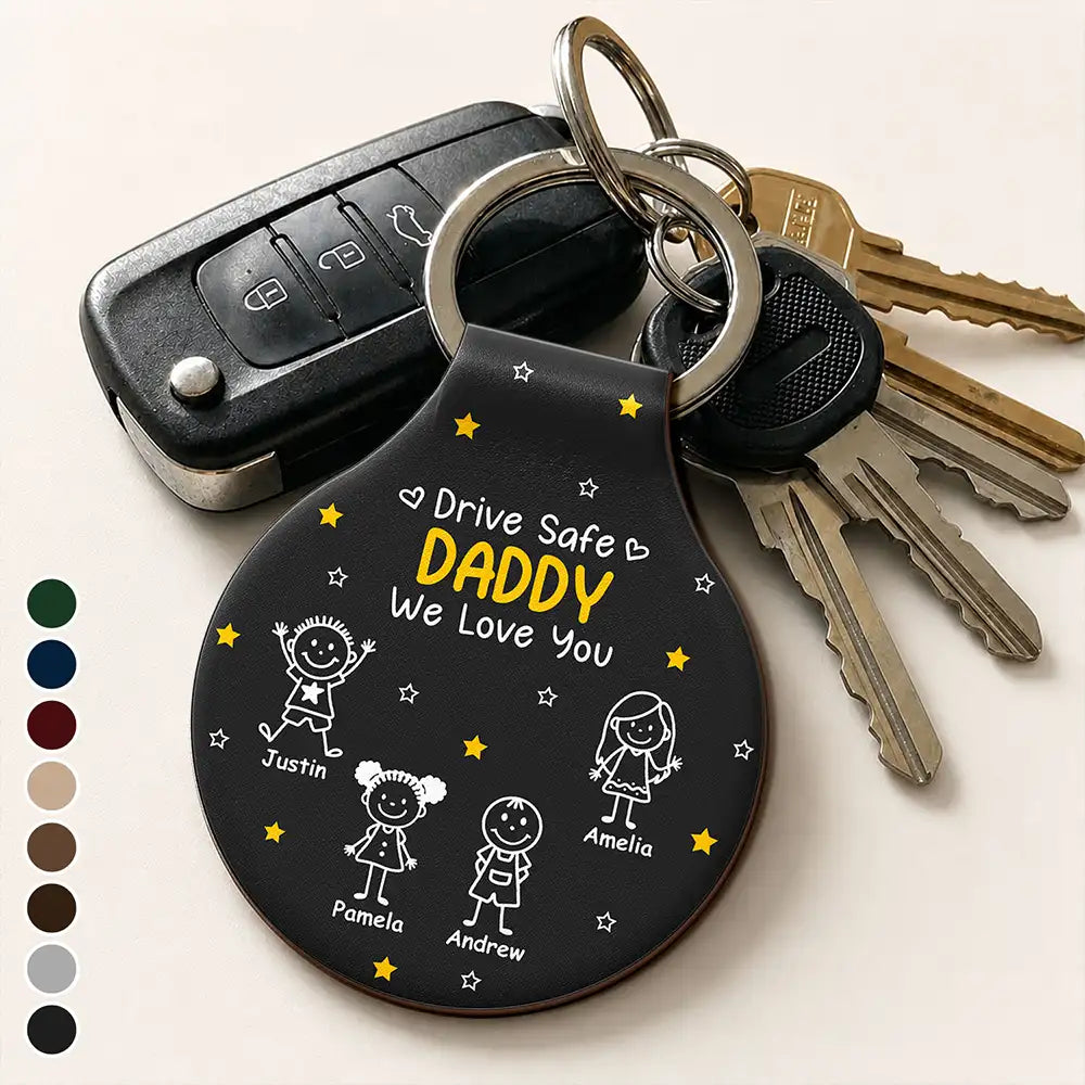 Stick Figures Drive Safe Daddy Grandpa - Personalized Custom Shaped Leather Keychain