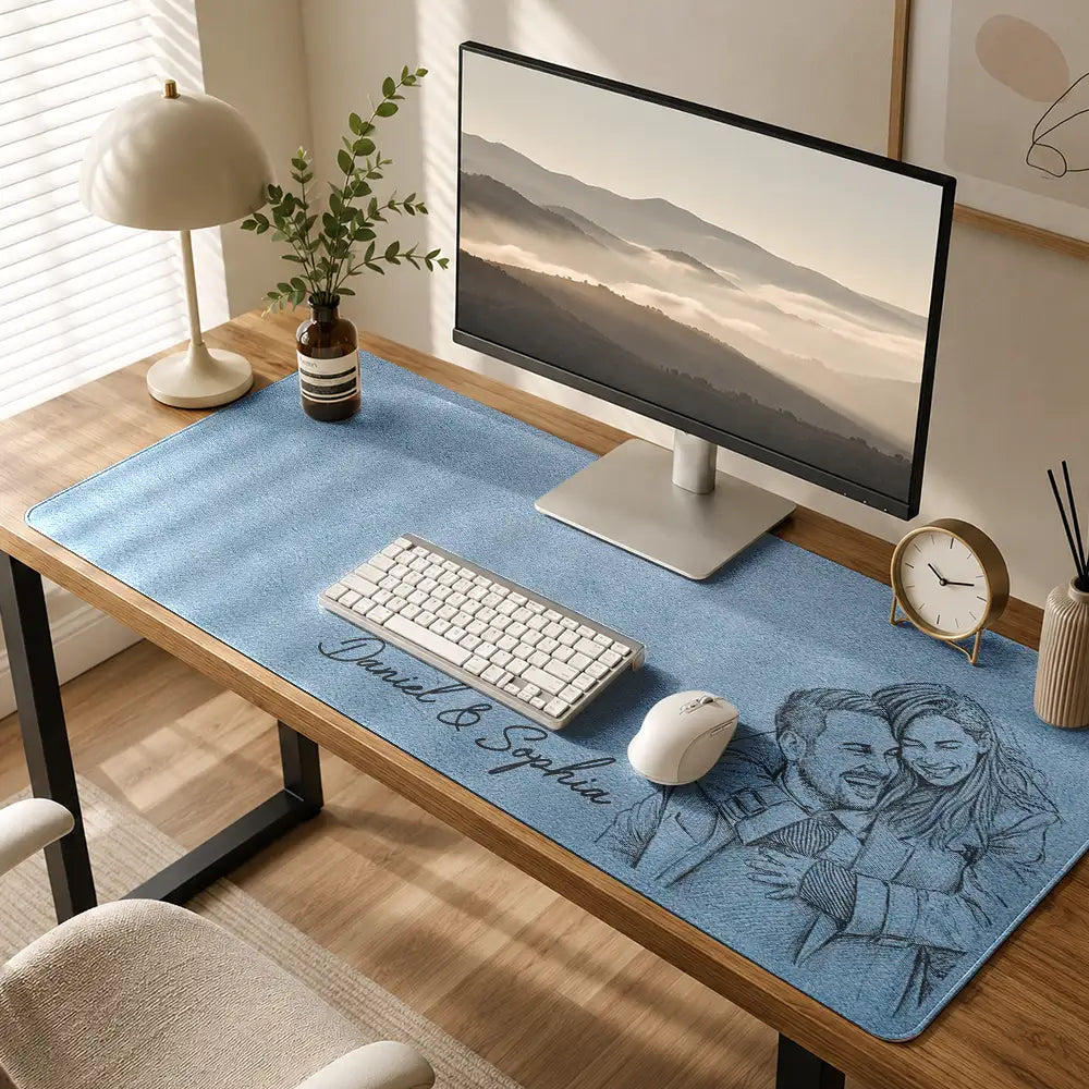 Gift For Couples,Gift For Husband,Gift For Wife,Gift For Boyfriend,Gift For Girlfriend,Non-Eng,Photo - Pencil Sketch,Romantic - Custom Photo Pencil Sketch You & Me We Got This Till Our Last Breath - Personalized Leather Desk Mat