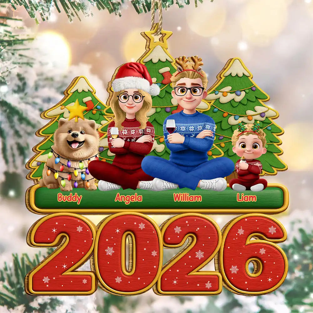 3D Effect Christmas Family Sitting With Dogs & Cats - Personalized Custom Shaped Wooden Ornament