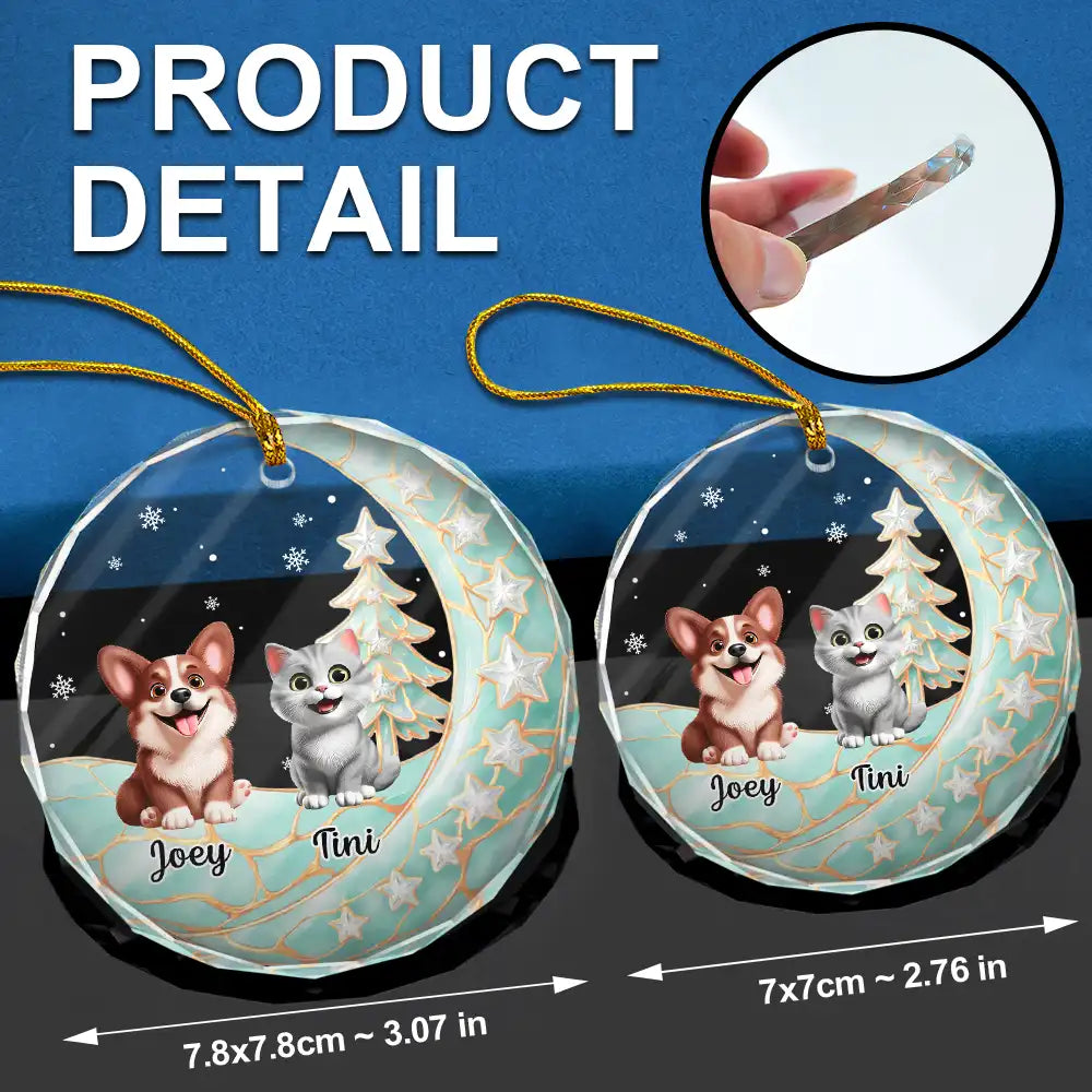 Christmas, Memorial, Pet Lovers, Pet Memorial, Sympathetic, Top Market, Vector - Pet Memorial Christmas Gift - Personalized Dog Cat Sitting On The Moon Circle Glass Ornament