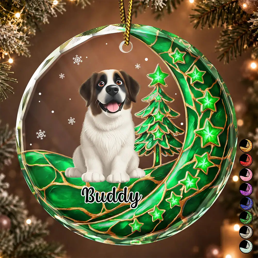 Christmas, Memorial, Pet Lovers, Pet Memorial, Sympathetic, Top Market, Vector - Pet Memorial Christmas Gift - Personalized Dog Cat Sitting On The Moon Circle Glass Ornament