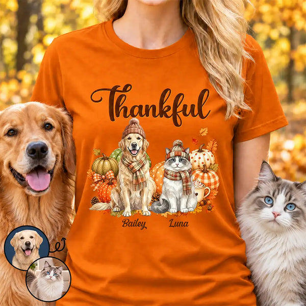 Art Design,Custom Photo,Family,Happy,Indoor Decor,Photo - Autumn Theme Pet,Thanksgiving - Thanksgiving Gift For Pet Lovers - Personalized Custom Photo Watercolor Thankful Fall Pumpkin Dog Cat T Shirt