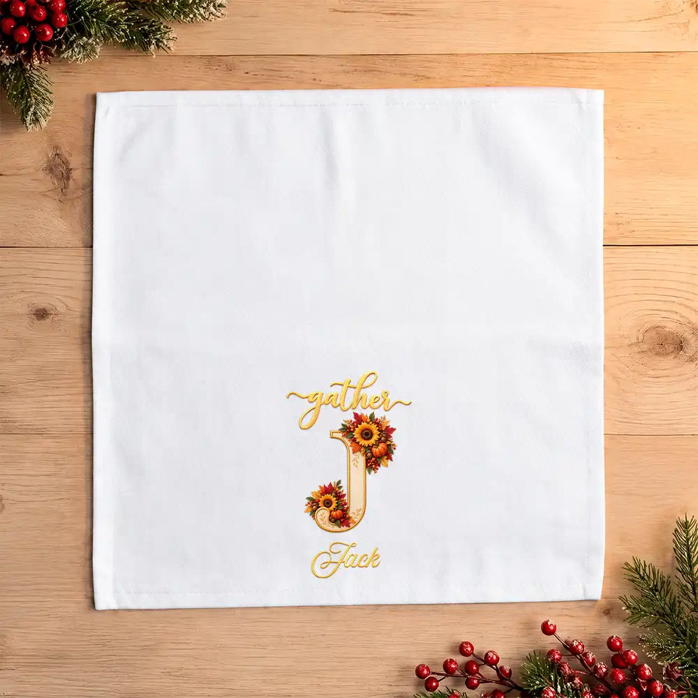 Family,Happy,Icon,Indoor Decor,Thanksgiving - Thanksgiving Table Setting For Family Gathering - Personalized Monogram Thankful Blessed Reusable Napkin