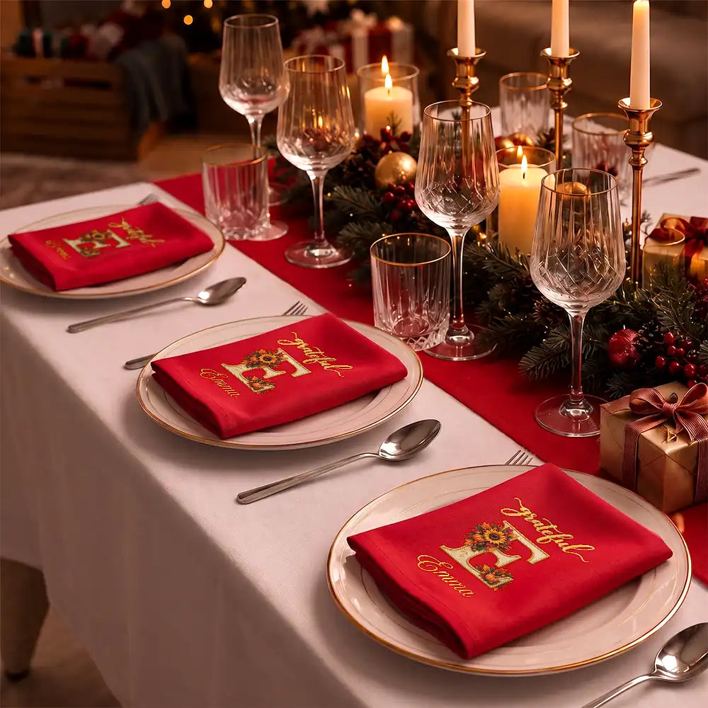 Family,Happy,Icon,Indoor Decor,Thanksgiving - Thanksgiving Table Setting For Family Gathering - Personalized Monogram Thankful Blessed Reusable Napkin
