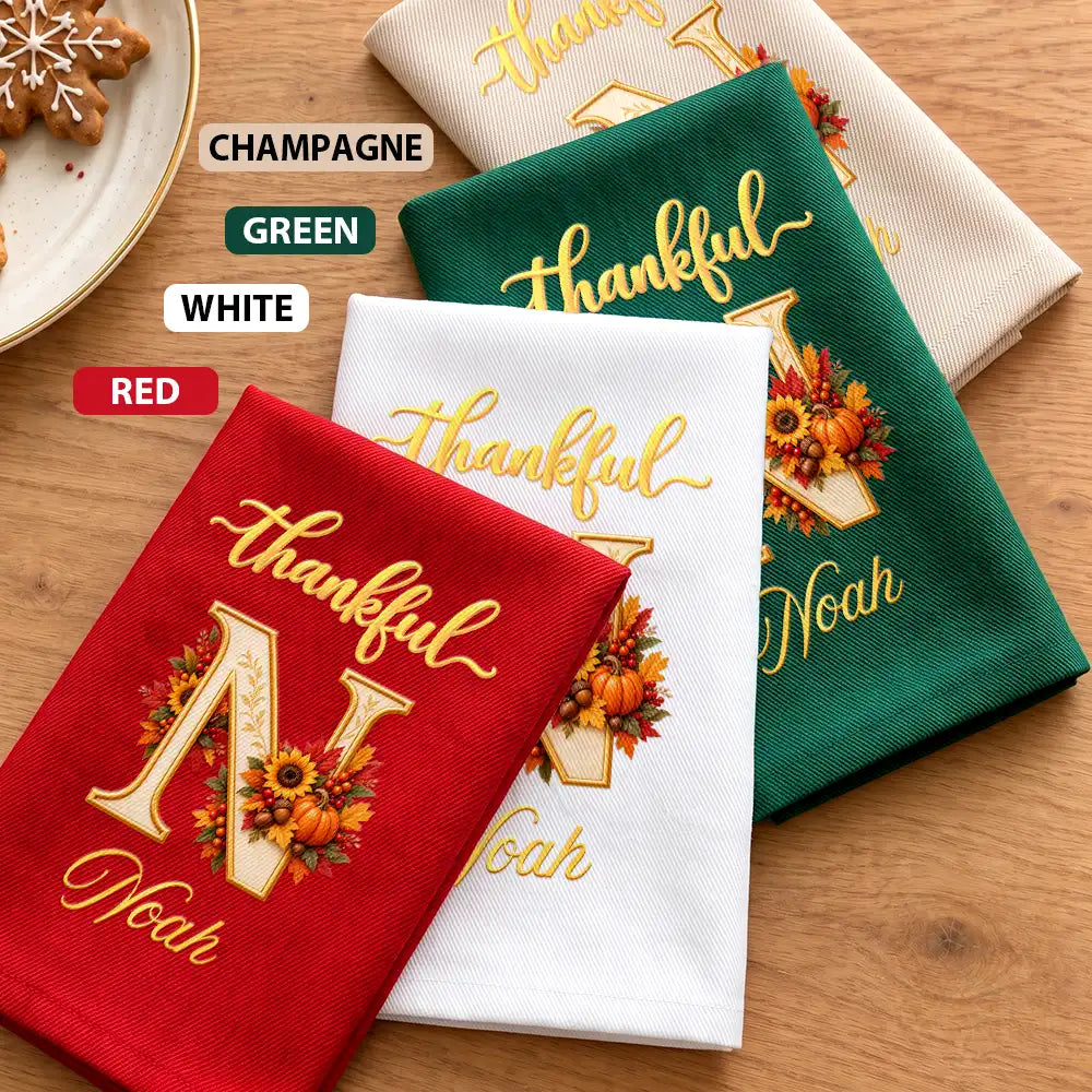 Family,Happy,Icon,Indoor Decor,Thanksgiving - Thanksgiving Table Setting For Family Gathering - Personalized Monogram Thankful Blessed Reusable Napkin