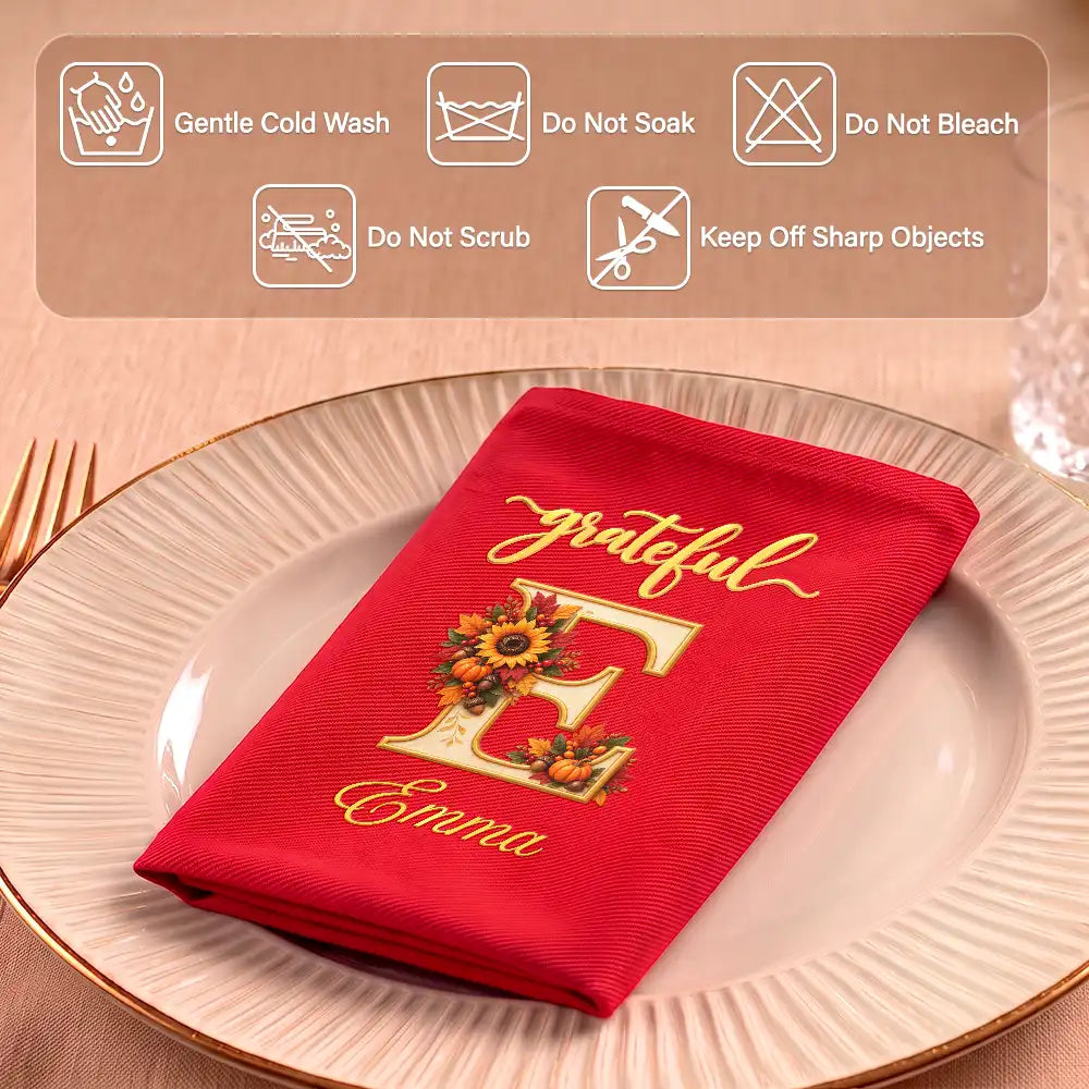 Family,Happy,Icon,Indoor Decor,Thanksgiving - Thanksgiving Table Setting For Family Gathering - Personalized Monogram Thankful Blessed Reusable Napkin