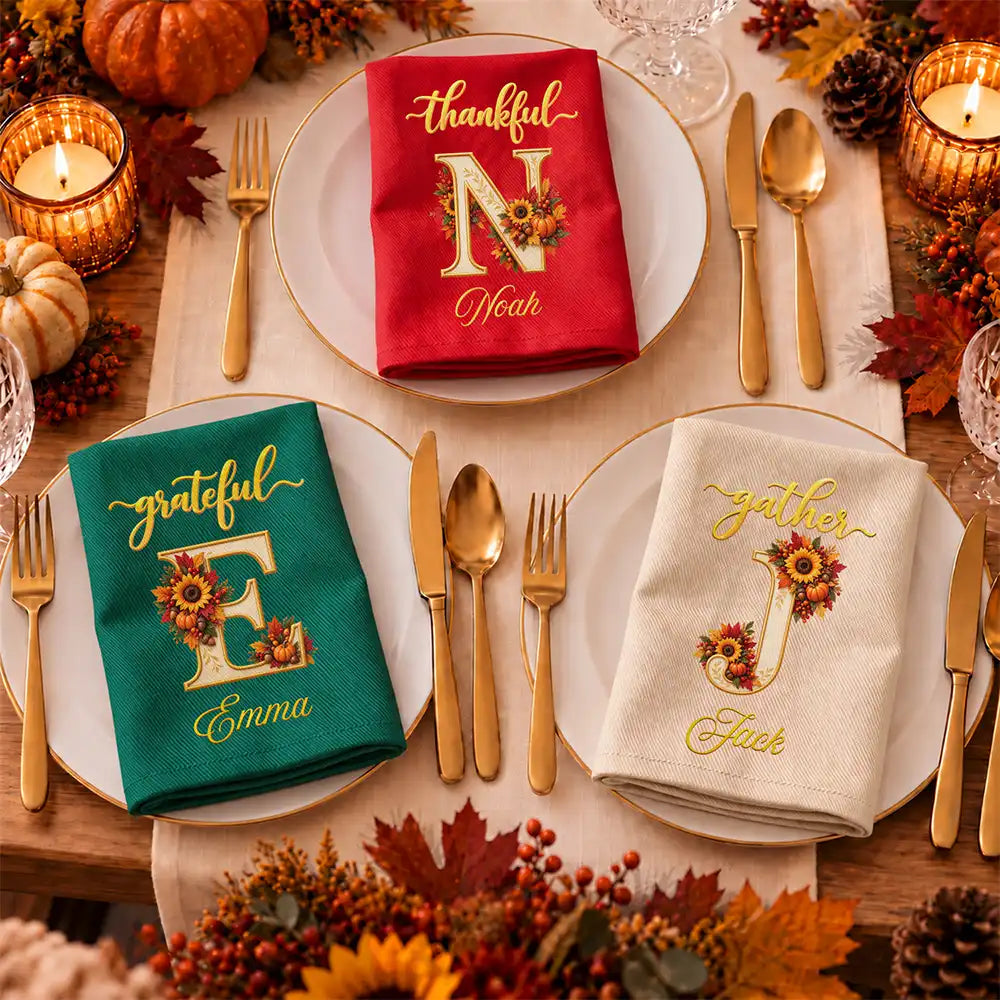 Thanksgiving Table Setting For Family Gathering - Personalized Monogram Thankful Blessed Reusable Napkin