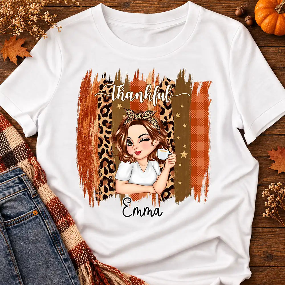 Thanksgiving Gift For Women - Personalized Thankful Leopard Plaid Brush T Shirt