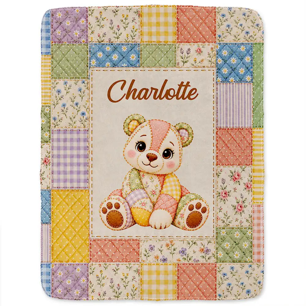 Adorable,Gift For Kids,Icon - Gift For Kids - Personalized Patchwork Animal And Name Vintage Quilt Print Fleece Blanket, Sherpa Blanket