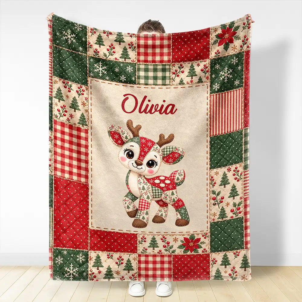 Adorable,Gift For Kids,Icon - Gift For Kids - Personalized Patchwork Animal And Name Vintage Quilt Print Fleece Blanket, Sherpa Blanket