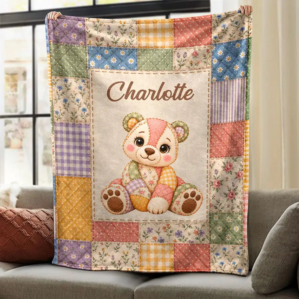 Adorable,Gift For Kids,Icon - Gift For Kids - Personalized Patchwork Animal And Name Vintage Quilt Print Fleece Blanket, Sherpa Blanket