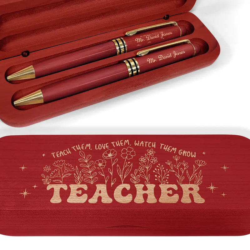 Teacher, Happy - Teach Them Love Them - Personalized Wooden Pen Set