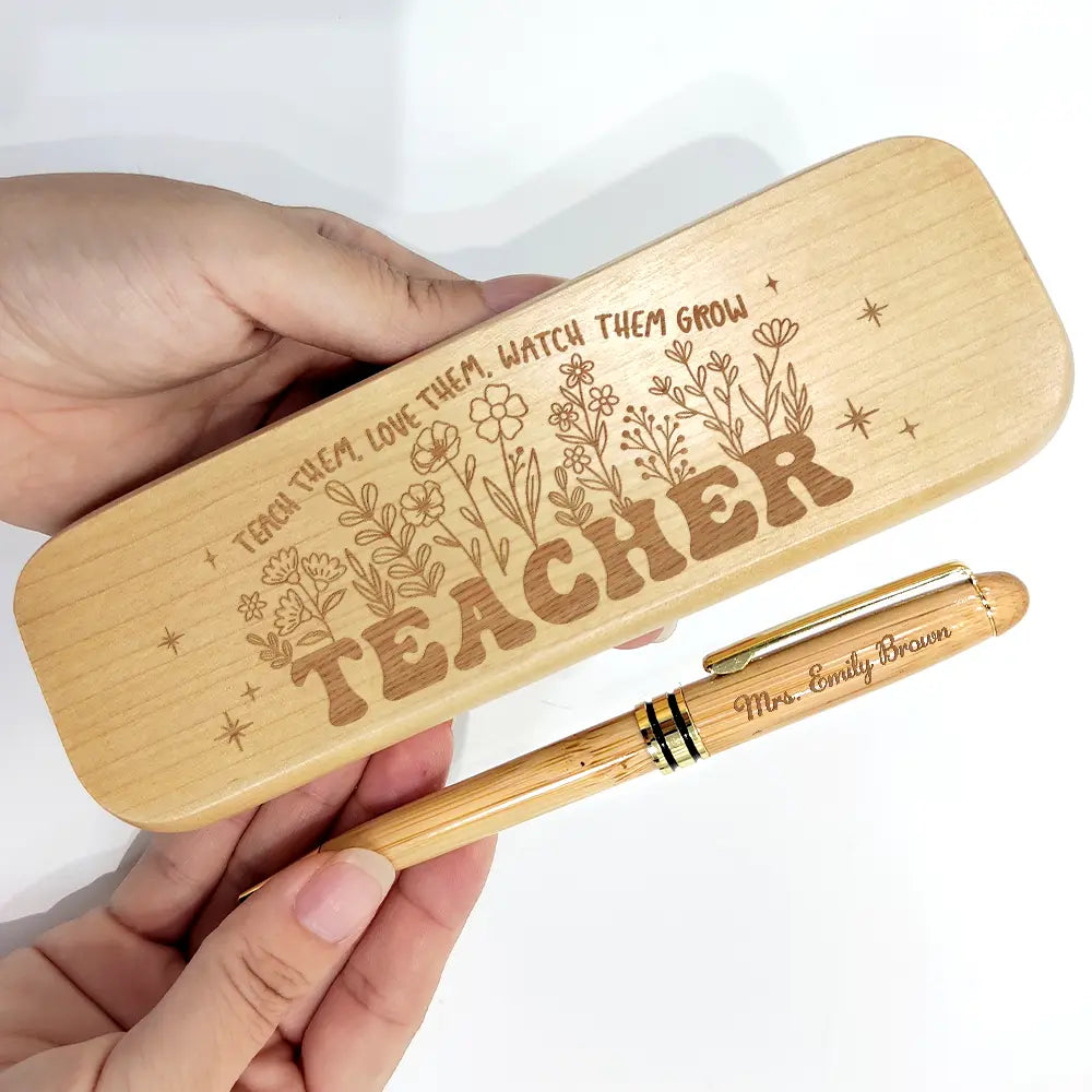 Teacher, Happy - Teach Them Love Them - Personalized Wooden Pen Set