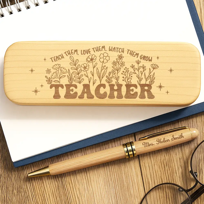 Teacher, Happy - Teach Them Love Them - Personalized Wooden Pen Set