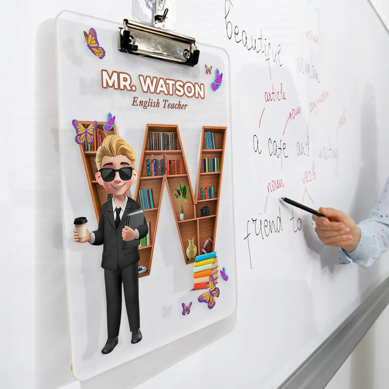 Teacher,Back To School - Teacher Alphabet Bookshelf Letter - Personalized Acrylic Clipboard