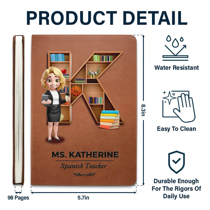 Teacher, Back To School - Teacher Alphabet Bookshelf Letter - Personalized Leather Journal