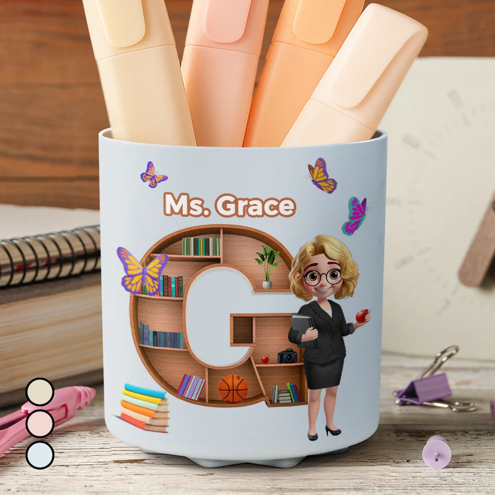 Teacher,Back To School - Teacher Alphabet Bookshelf Letter - Personalized Rotating Pen Holder