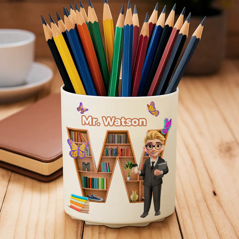 Teacher,Back To School - Teacher Alphabet Bookshelf Letter - Personalized Rotating Pen Holder