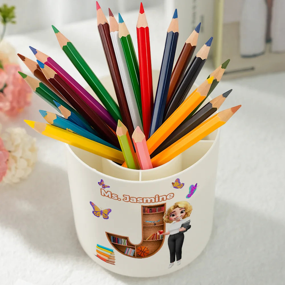 Teacher,Back To School - Teacher Alphabet Bookshelf Letter - Personalized Rotating Pen Holder