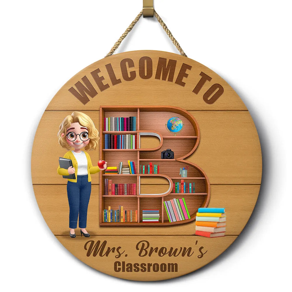 Teacher,Back To School - Teacher Alphabet Bookshelf Letter - Personalized Wood Circle Sign